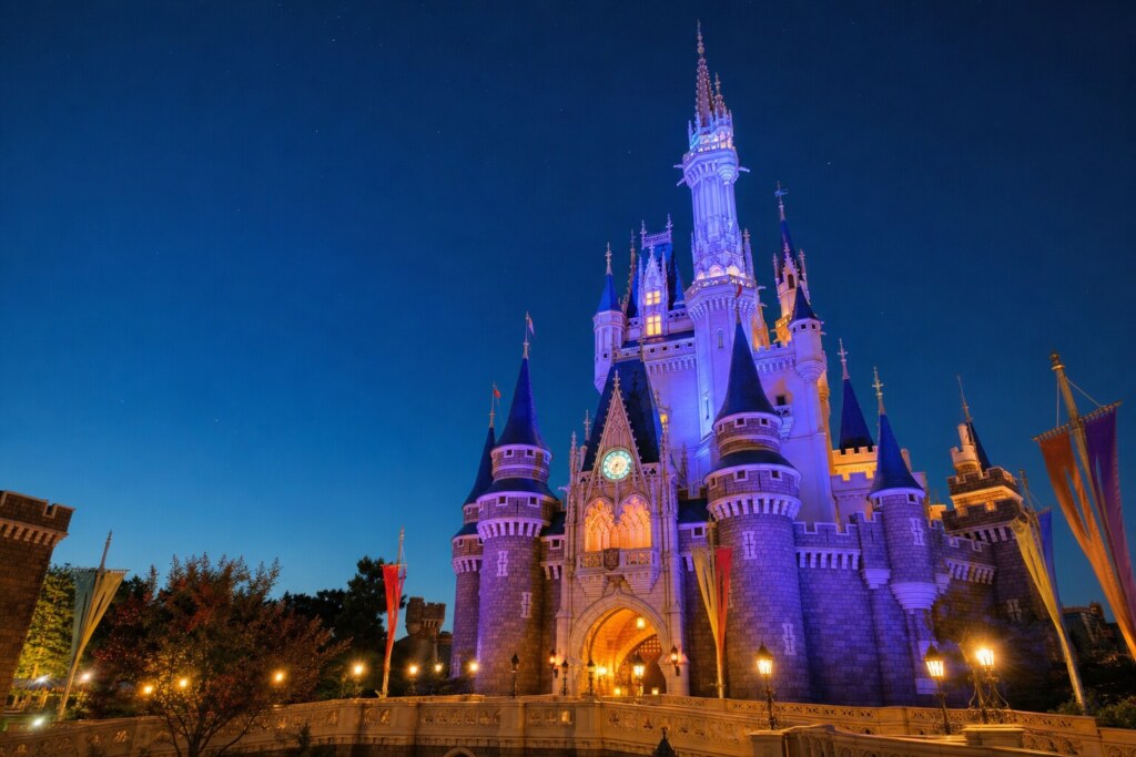 Castle lit in blue at night, with warm entry glow and flags along the foreground, reminiscent of a fairy-tale kingdom.