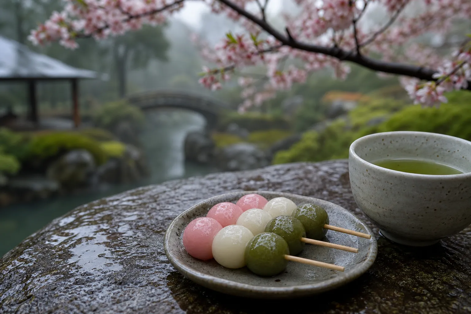 Three hanami dango skewers in pink, white, and green beside a cup of green tea