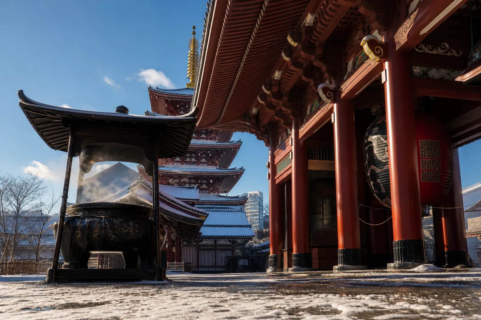 Sensō-ji temple in Asakusa Tokyo at dawn with incense smoke and soft morning light