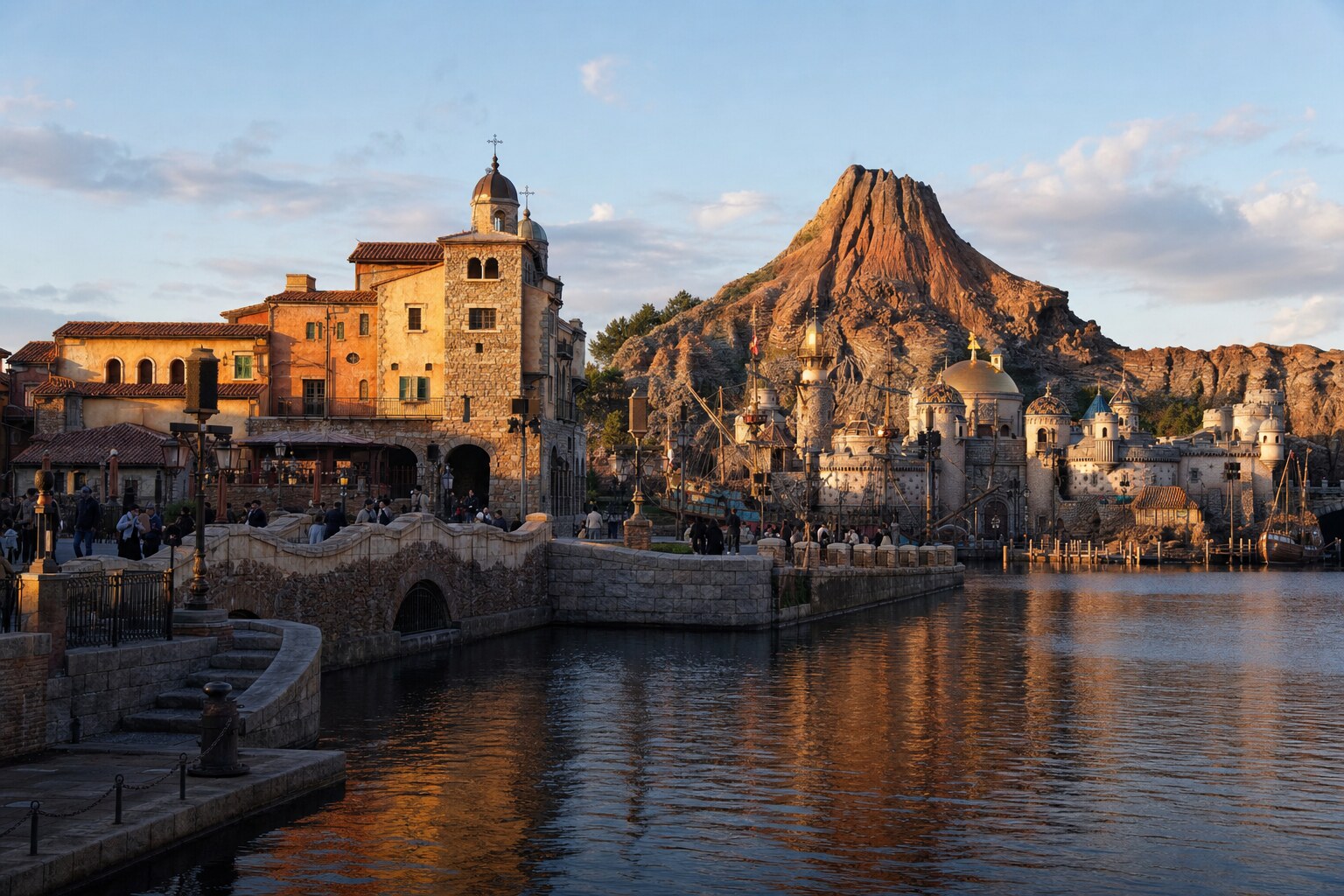 Guests walking along Tokyo DisneySea Mediterranean Harbor waterfront in warm afternoon light