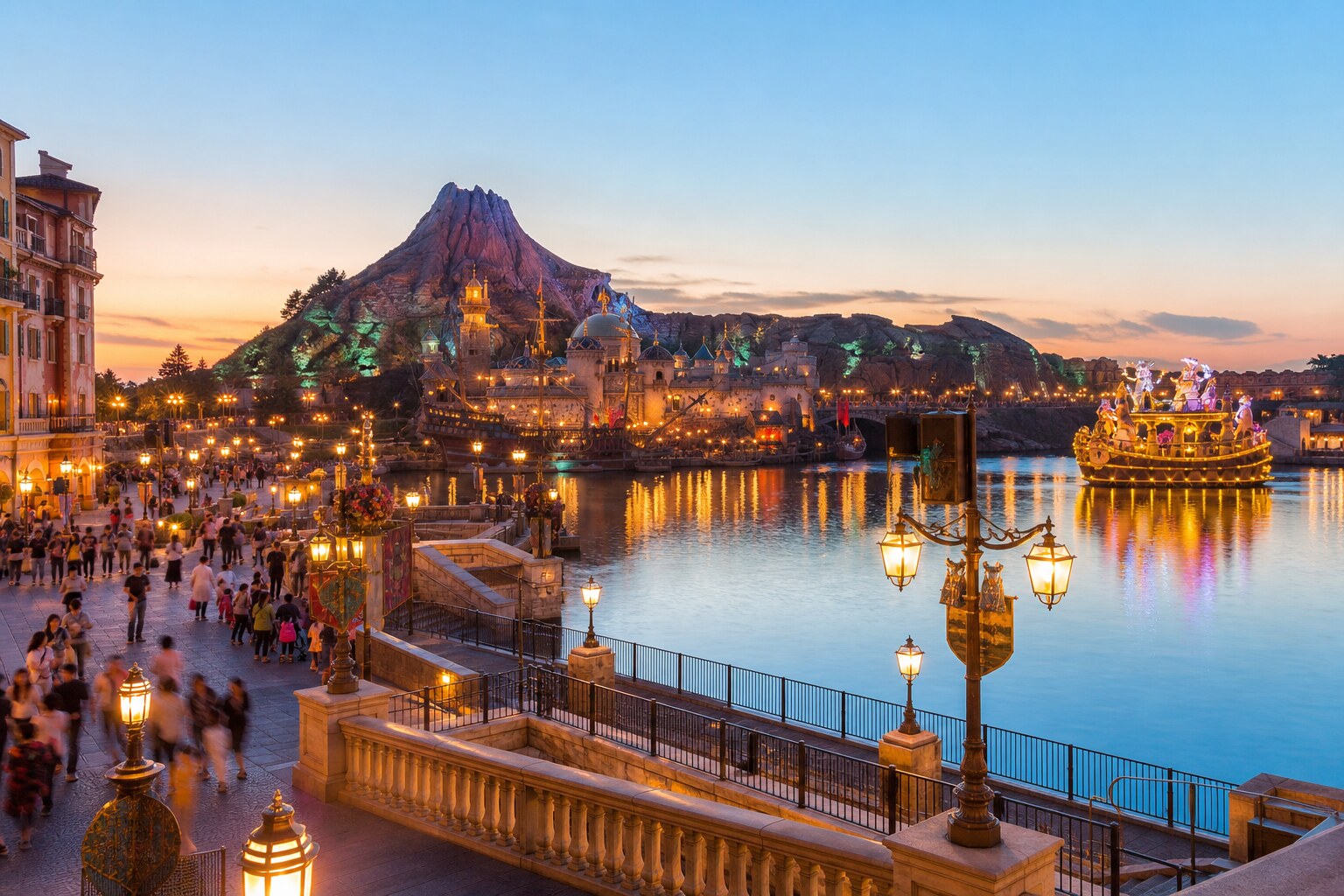 Guests strolling beside Mediterranean Harbor at Tokyo DisneySea during warm evening light