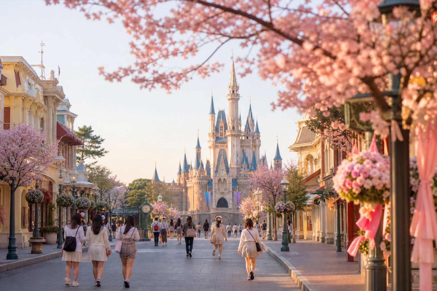 World Bazaar at Tokyo Disneyland in the early morning with Cinderella Castle in the distance