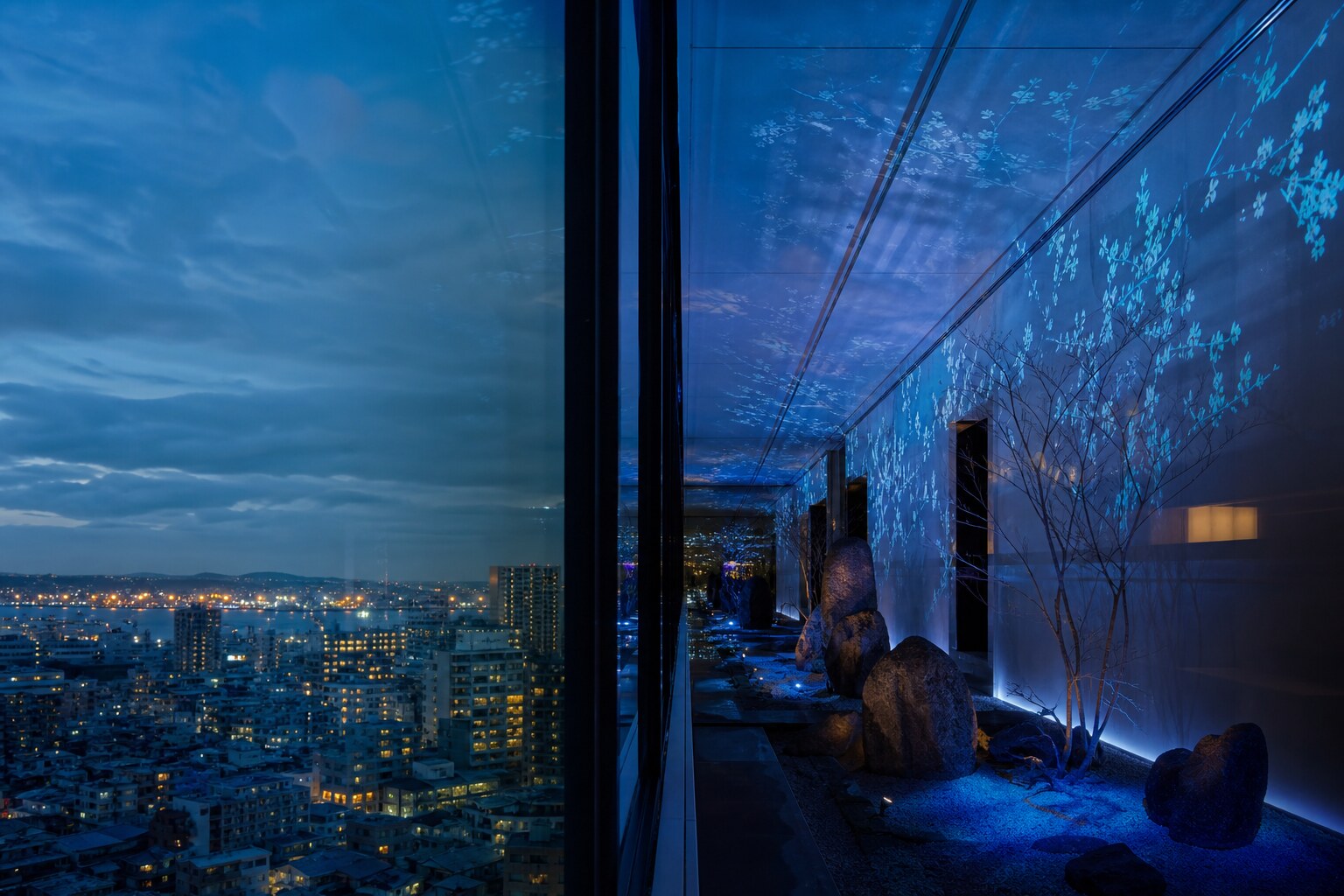 Blue digital art and illumination reflecting against glass windows with a night city view