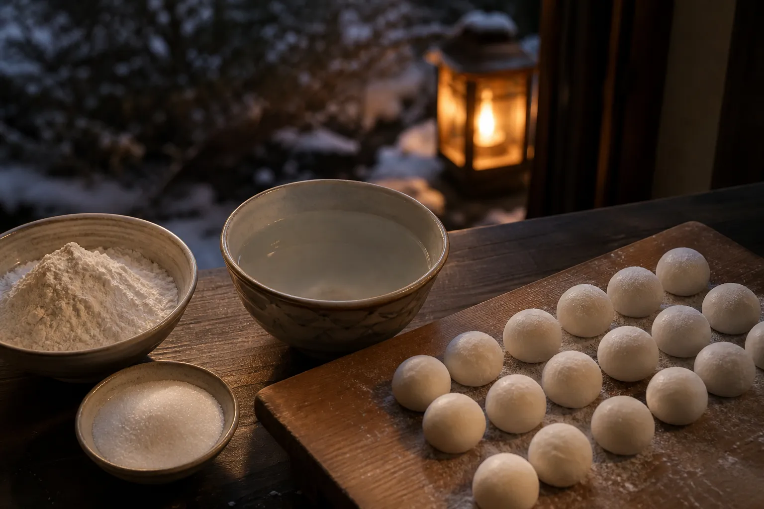 Rice flour, sugar, water and hand-rolled dough balls for making hanami dango