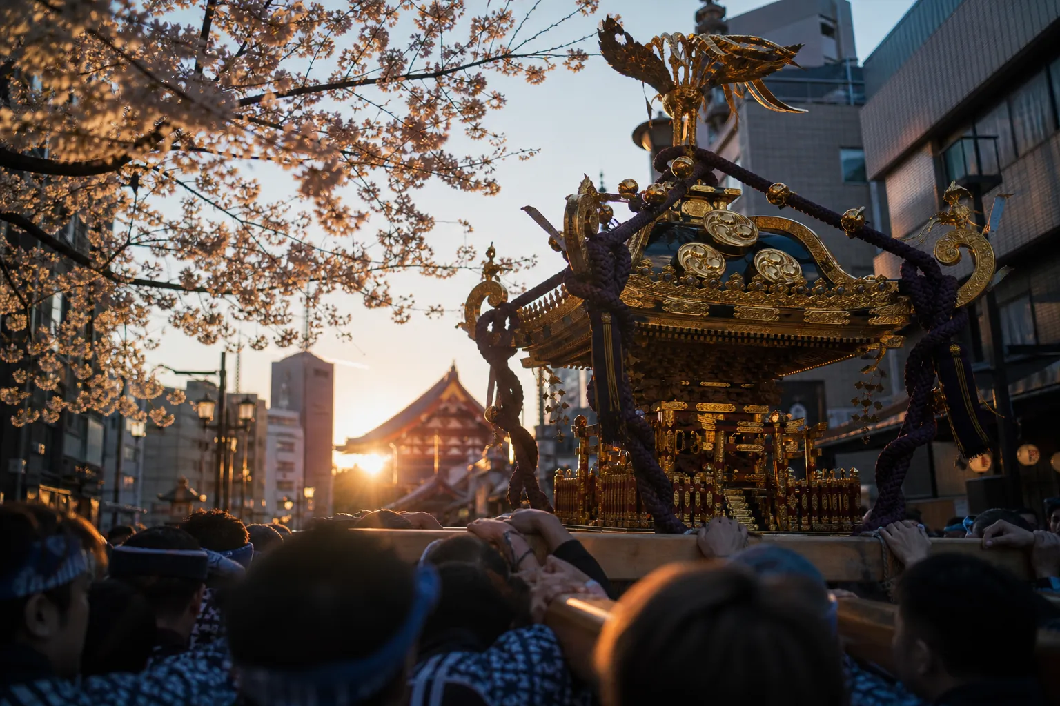 Crowd carrying a golden mikoshi shrine through Asakusa during Sanja Matsuri in Tokyo
