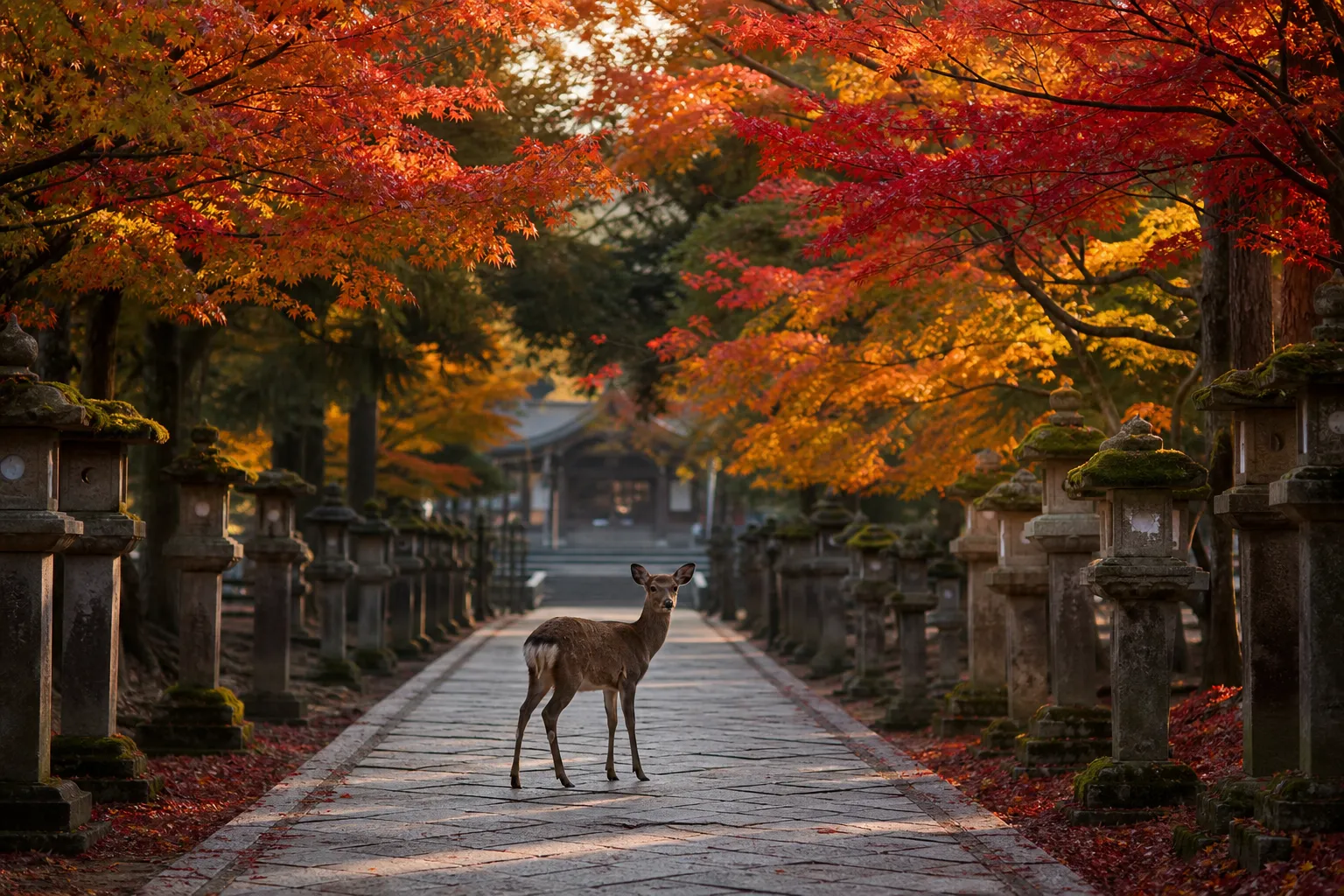 Quiet Nara Park at dawn with mist, stone lanterns, and a lone deer before crowds arrive