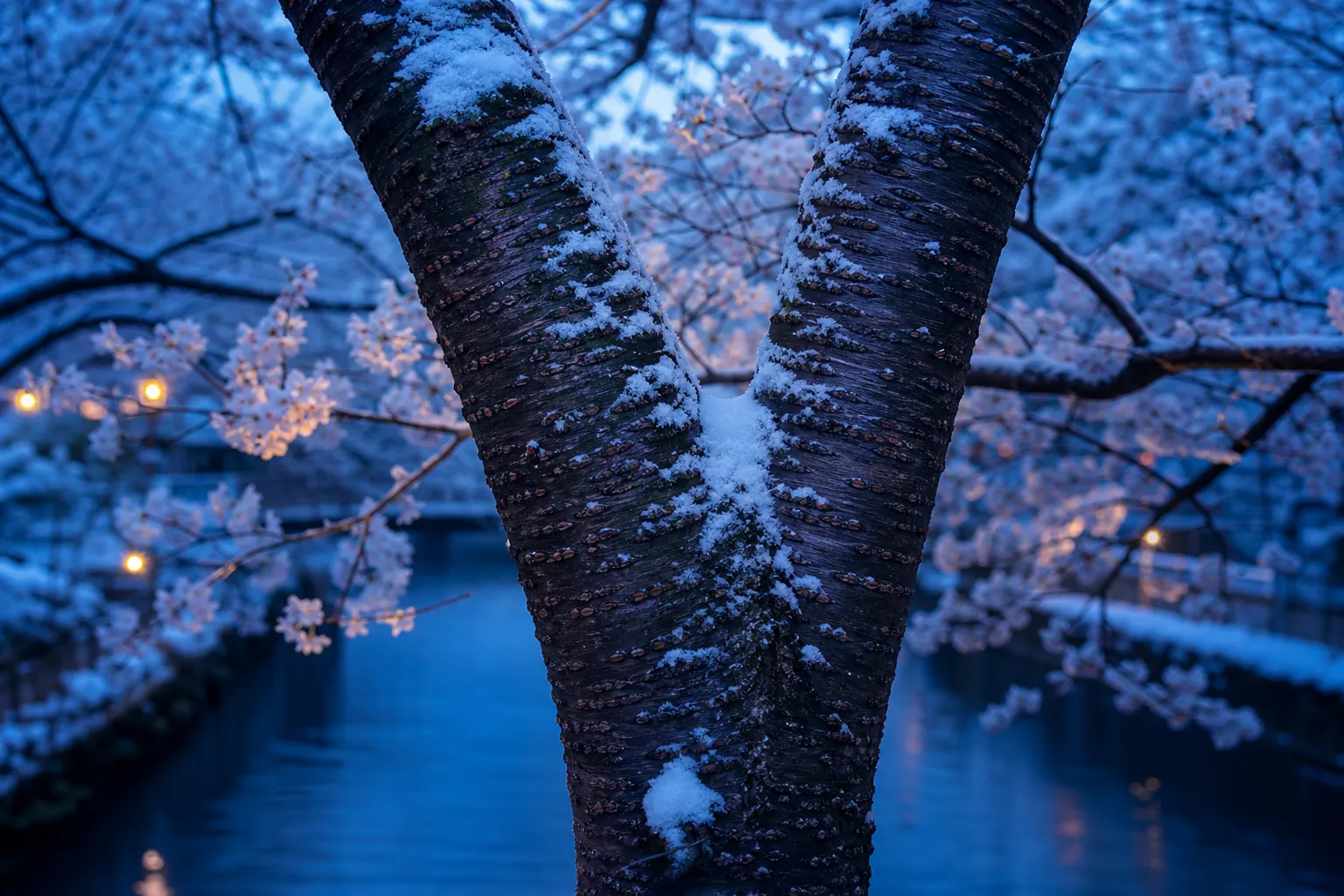 Purplish-brown Somei Yoshino bark with horizontal lenticels and soft blossoms behind