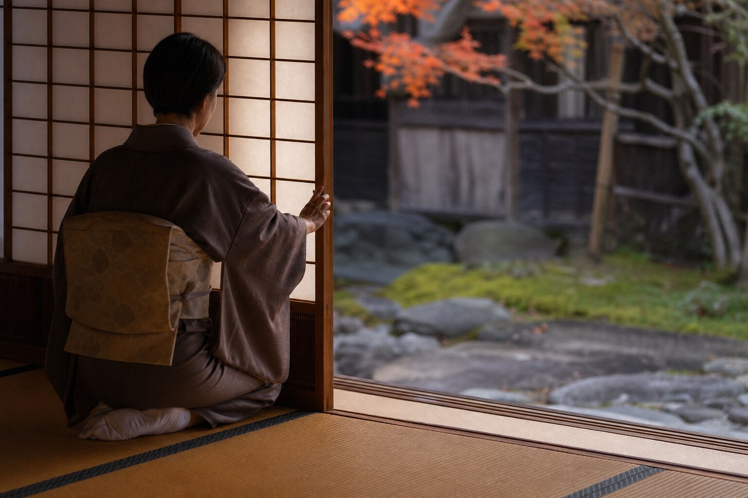 Japanese ryokan attendant kneeling on tatami opening a shoji screen