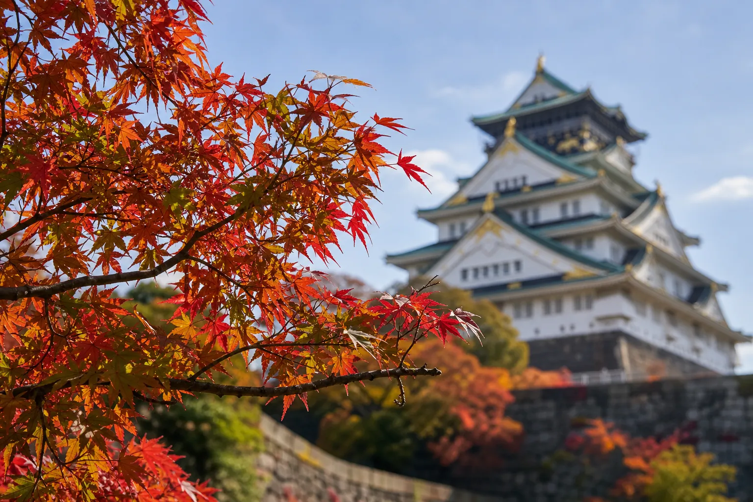 Osaka Castle keep viewed across the lawn of Nishinomaru Garden with cherry blossoms in the foreground