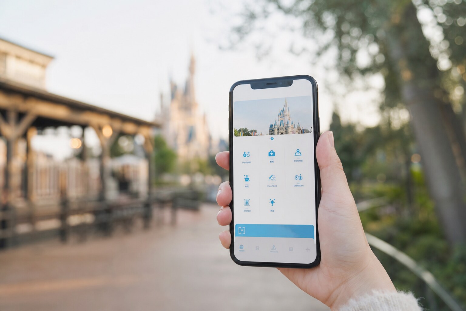 Smartphone displaying the Tokyo Disney Resort App with theme park scenery blurred behind