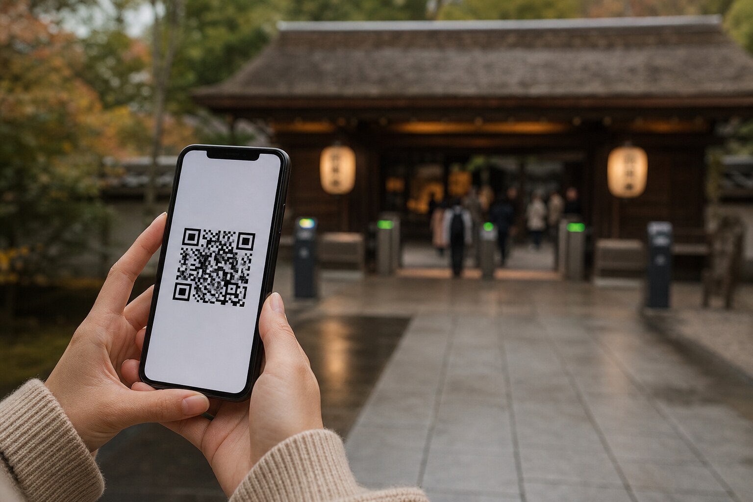 Smartphone showing a QR code ticket held in front of a blurred theme park entrance gate