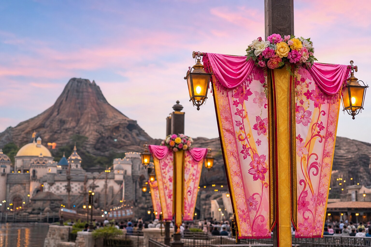 Seasonal event signage at Tokyo DisneySea with guests walking past in the background