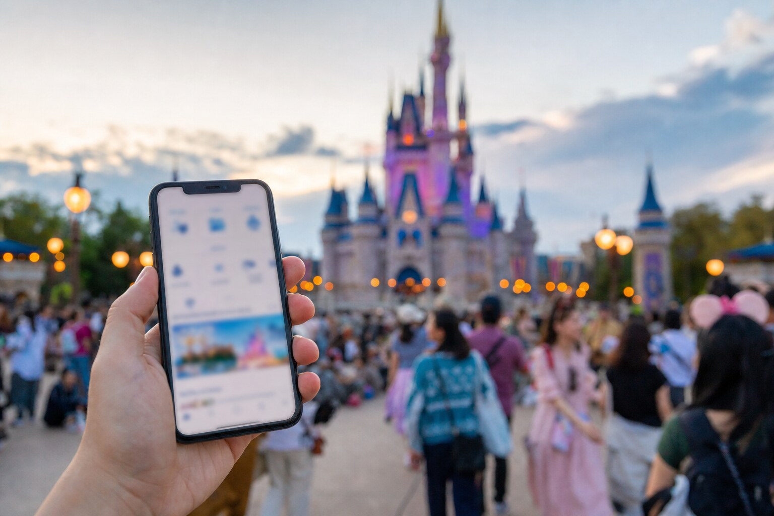 Guest holding smartphone with Tokyo Disney Resort app near park entrance