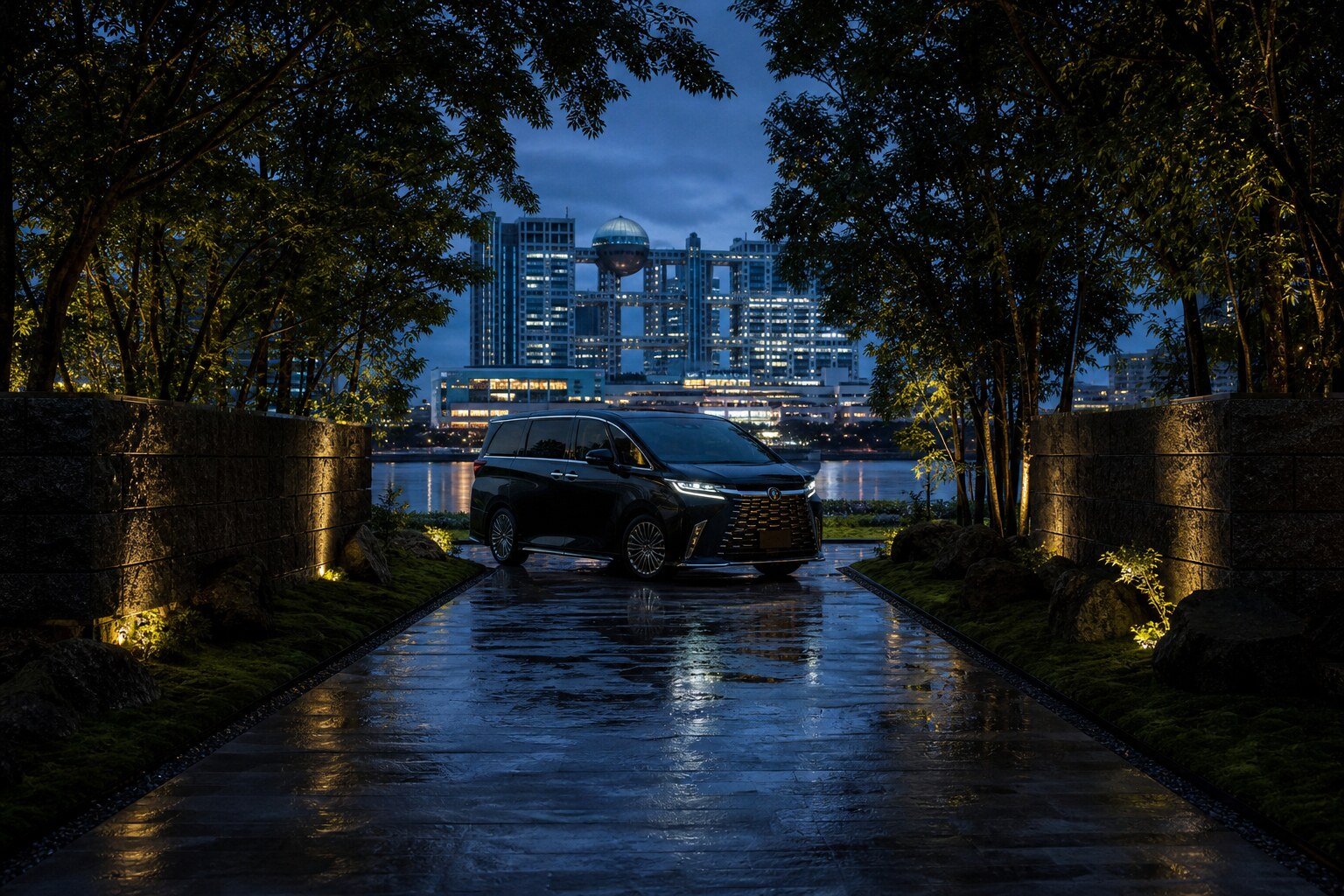 Premium black luxury vehicle parked in the Ariake district of Tokyo Bay at night