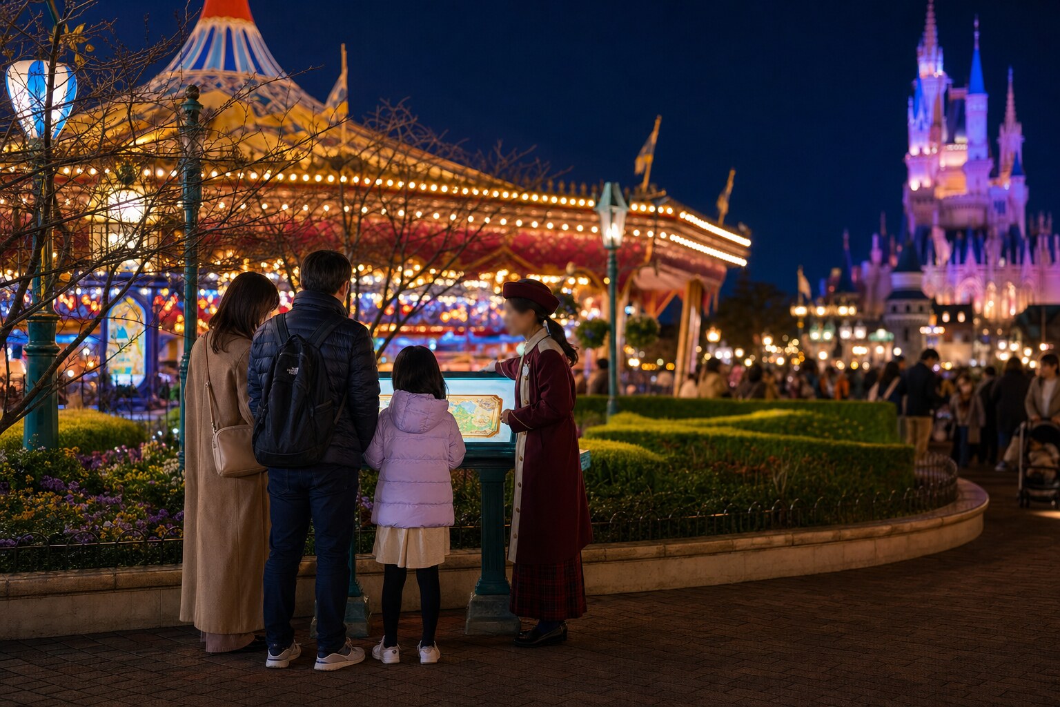 Guests speaking with a Tokyo Disneyland cast member near a park map kiosk