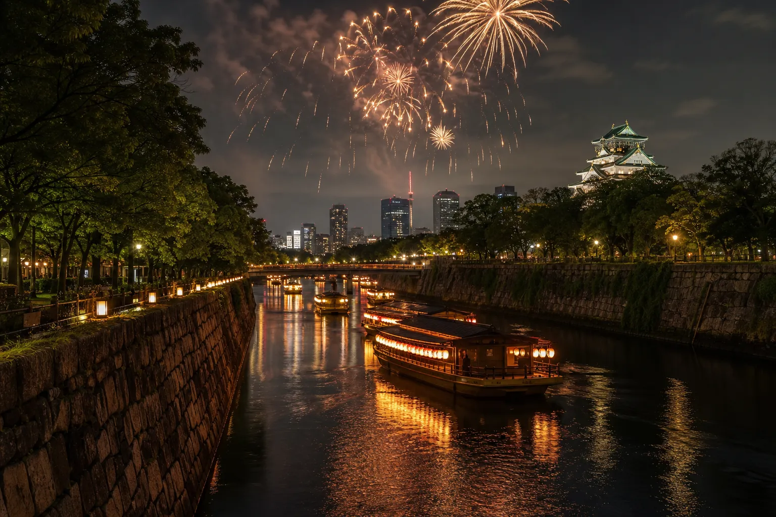 Lantern-lit boats on the Okawa river with fireworks during Osaka's Tenjin Matsuri