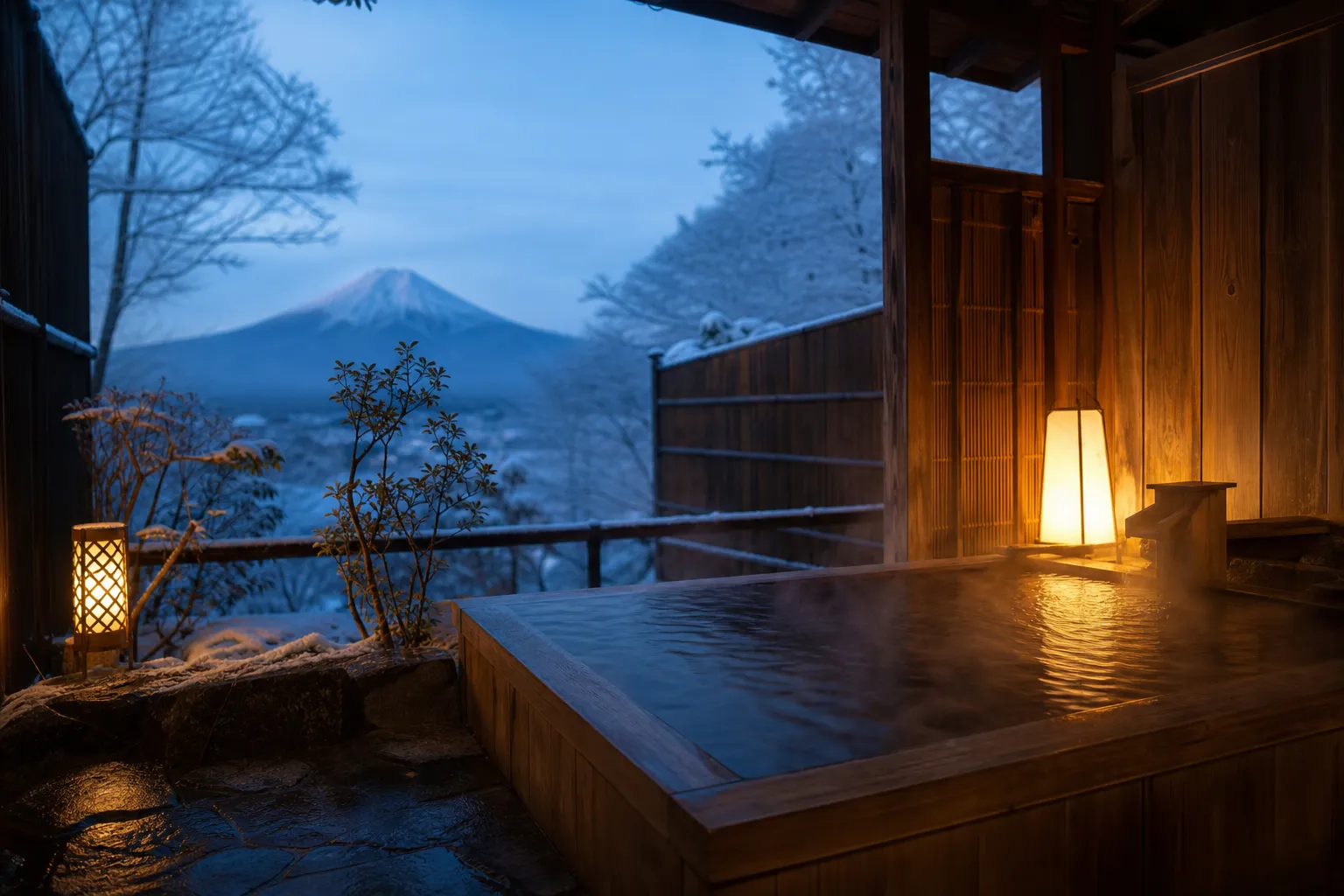 Private open-air ryokan onsen bath with steam and Mount Fuji in the distance at dawn