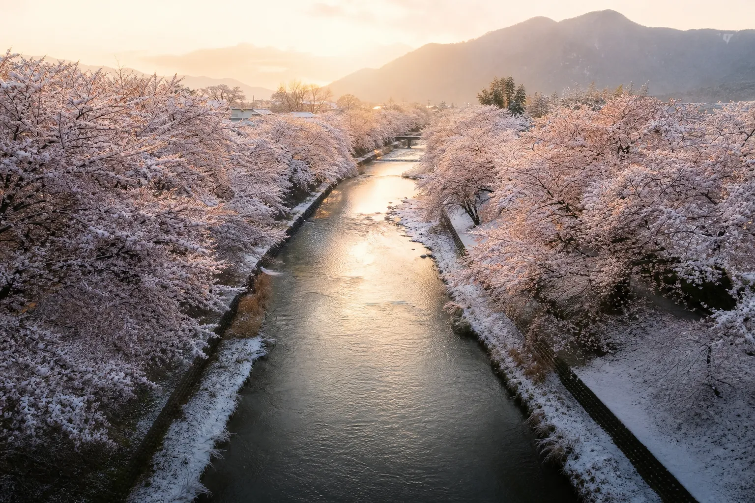 Riverbank lined with blooming Somei Yoshino cherry trees forming a pink corridor