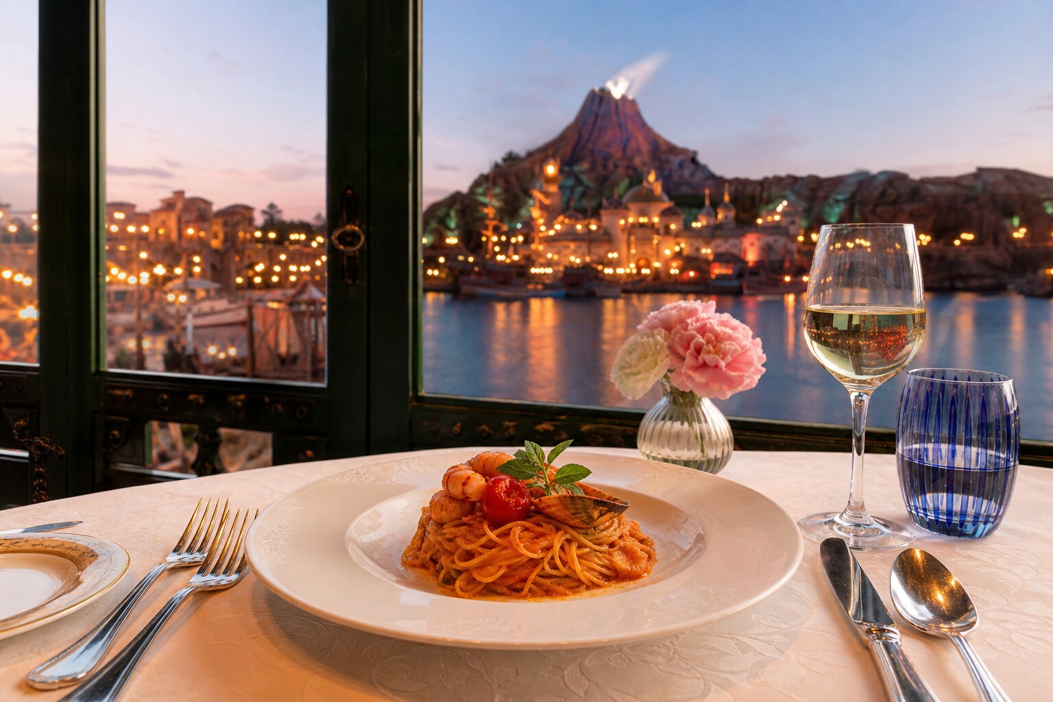 Plated pasta and table setting at Ristorante di Canaletto in Tokyo DisneySea