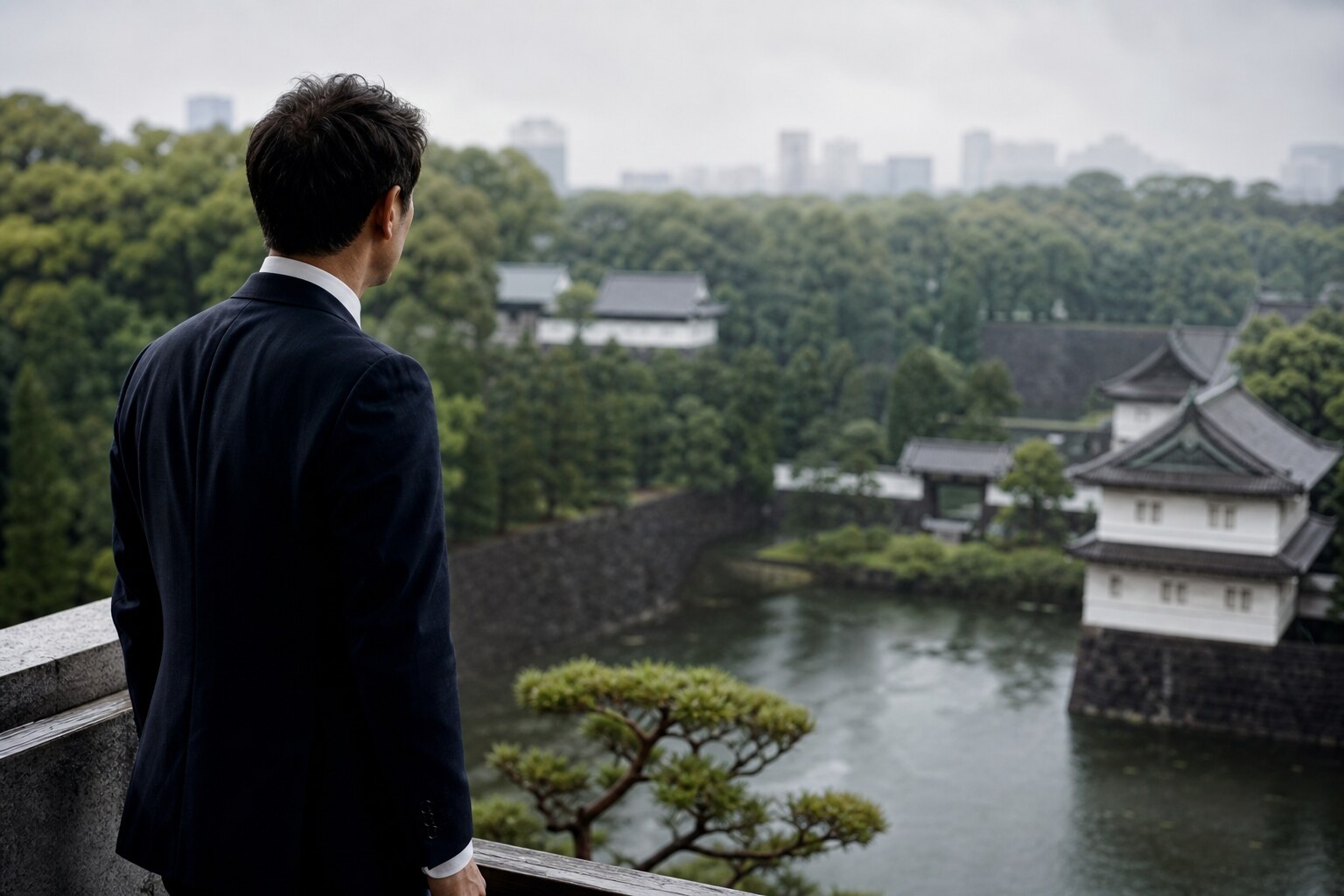 View of the Imperial Palace gardens from a high-rise Tokyo executive boardroom