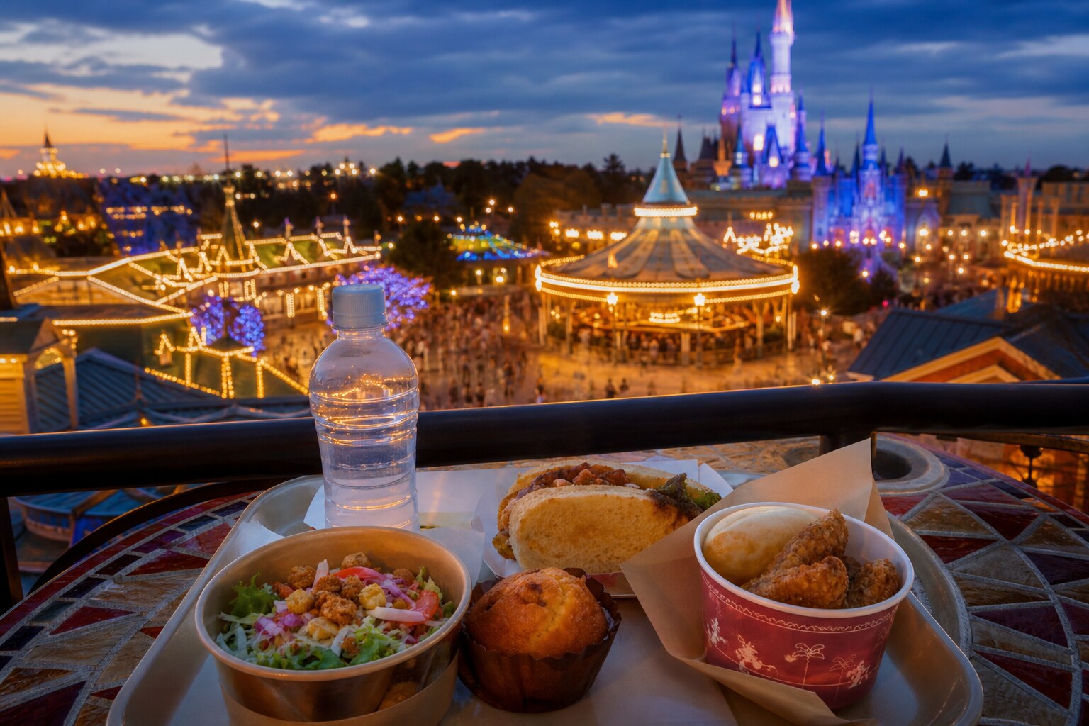 Tokyo Disneyland food on an outdoor table during daylight with themed buildings in the background