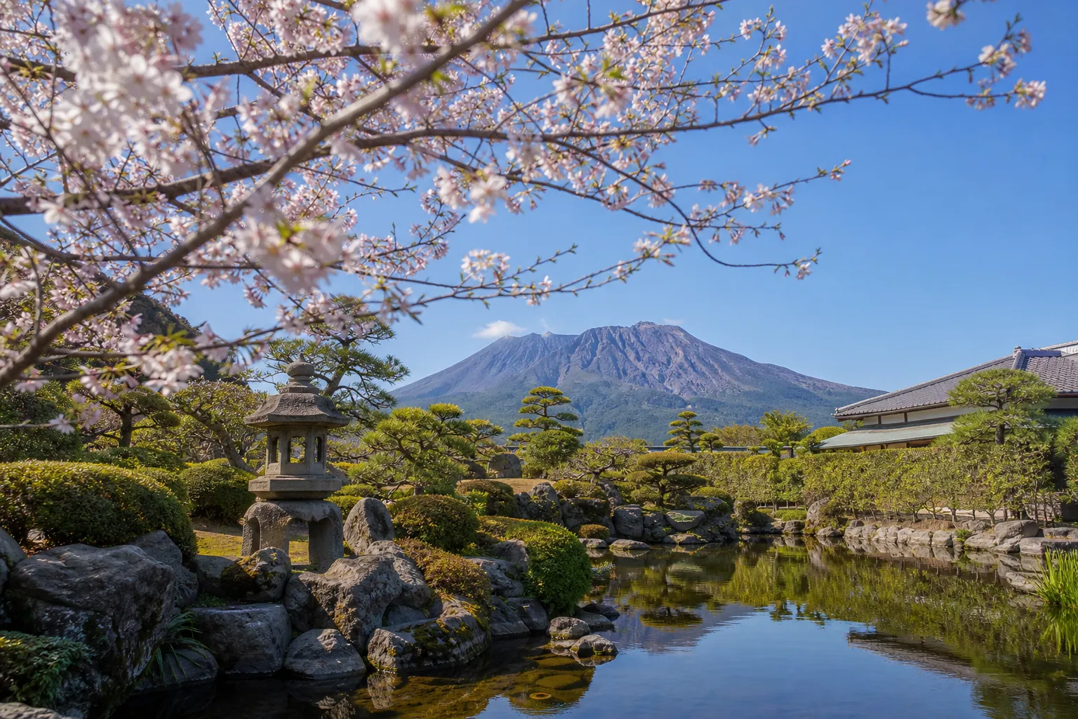 Sengan-en garden in Kagoshima with pond, pine trees, and Sakurajima volcano in the distance