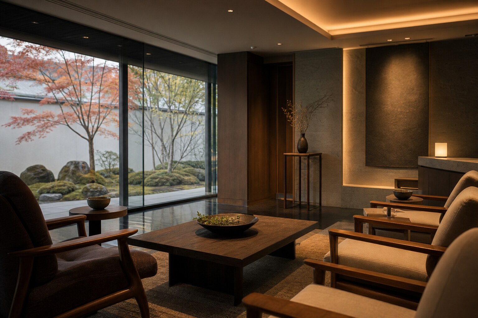 Elegant private lounge interior with warm lighting and premium seating
