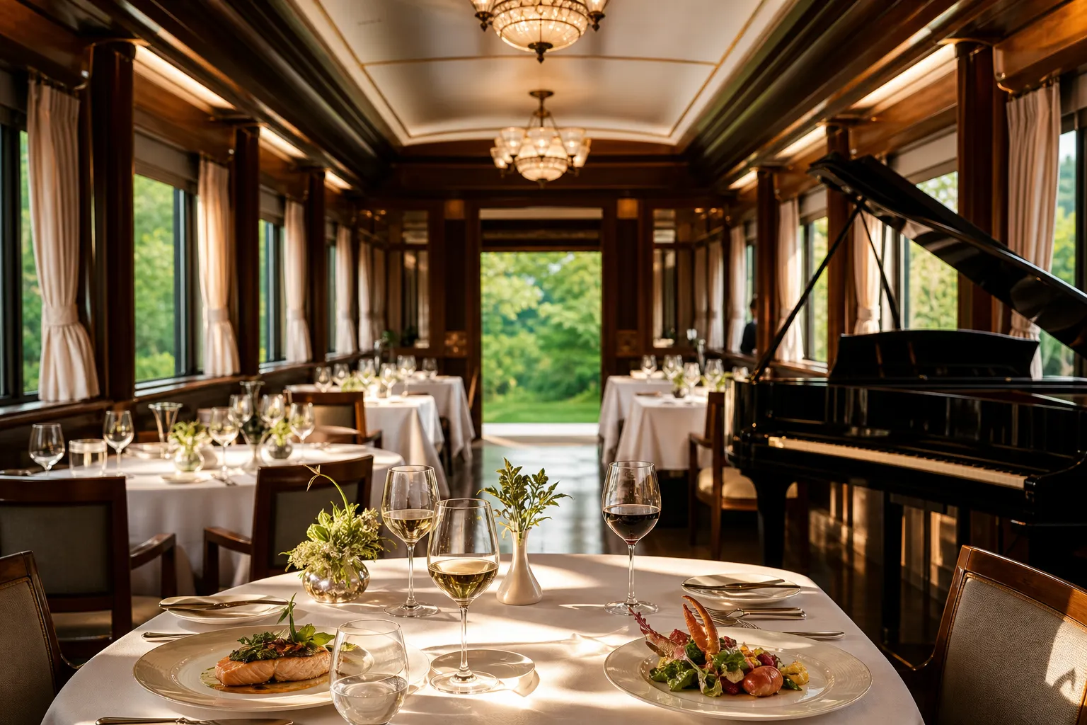 Elegant ocean-liner dining room with a grand piano and fine-dining table settings
