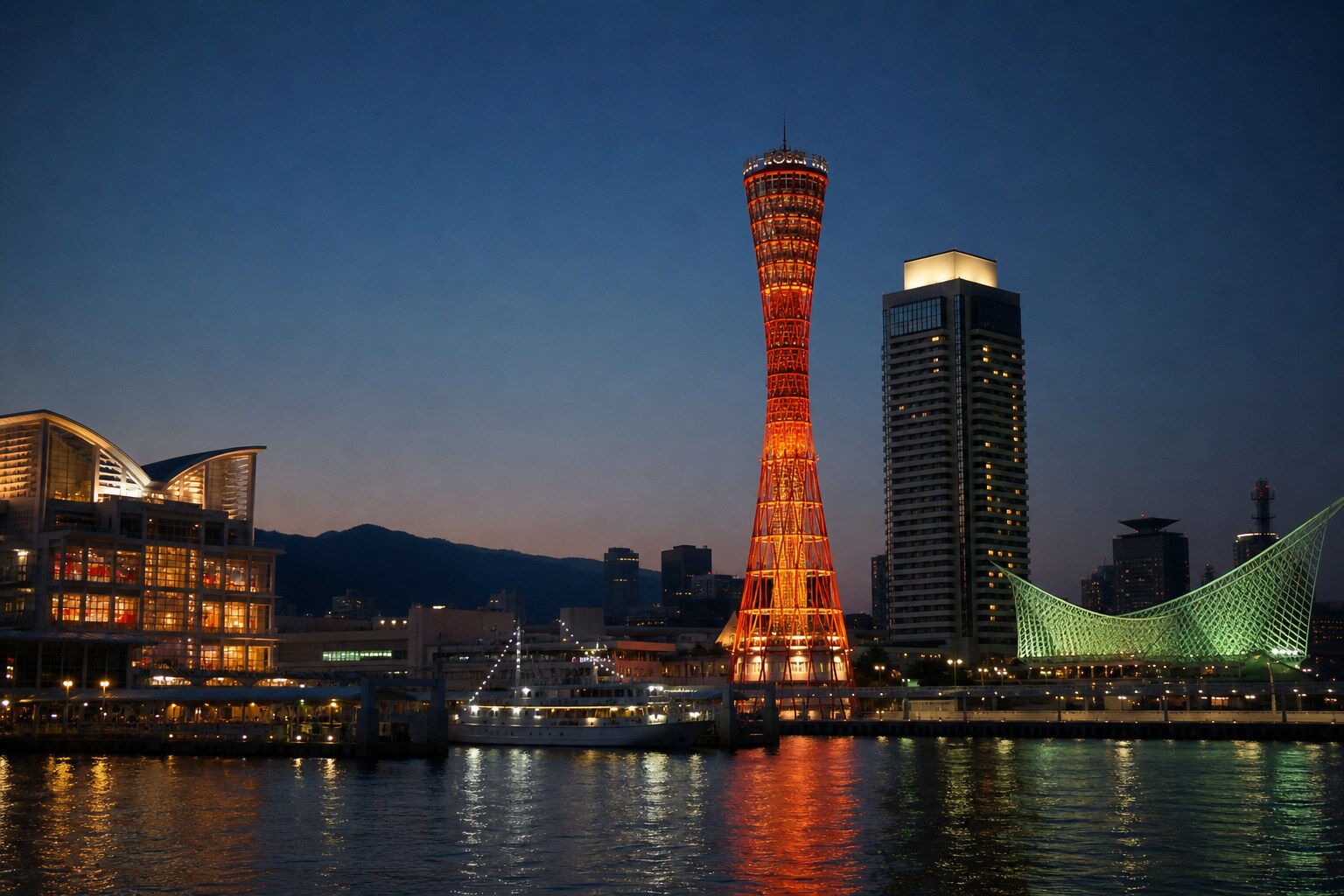 Kobe Port Tower reflecting in the waterfront harbor at twilight.