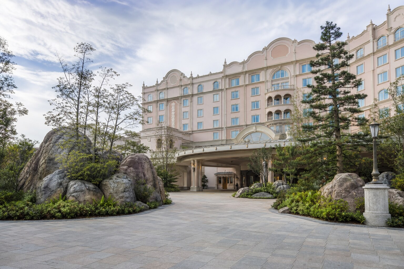 Exterior view of Tokyo DisneySea Fantasy Springs Hotel building and signage