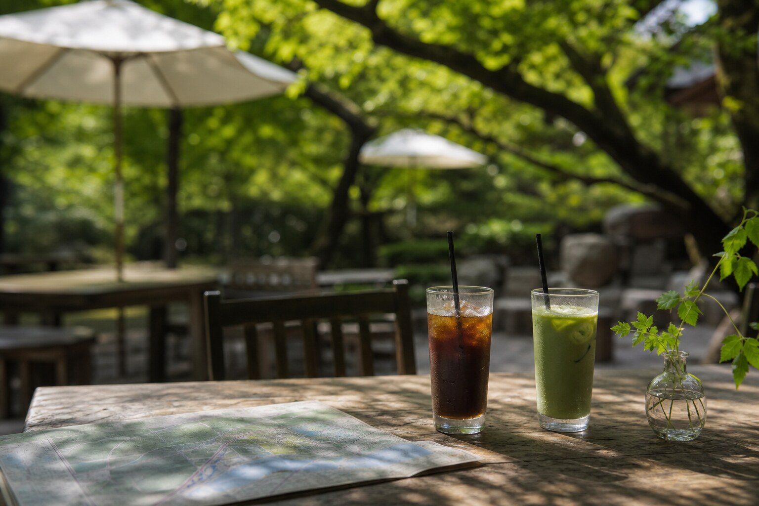 Iced drinks on a shaded table beside a park map, suggesting a midday rest break during summer