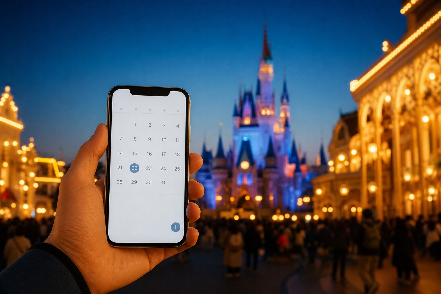 Hand holding a smartphone with a calendar view while Tokyo lights blur in the background