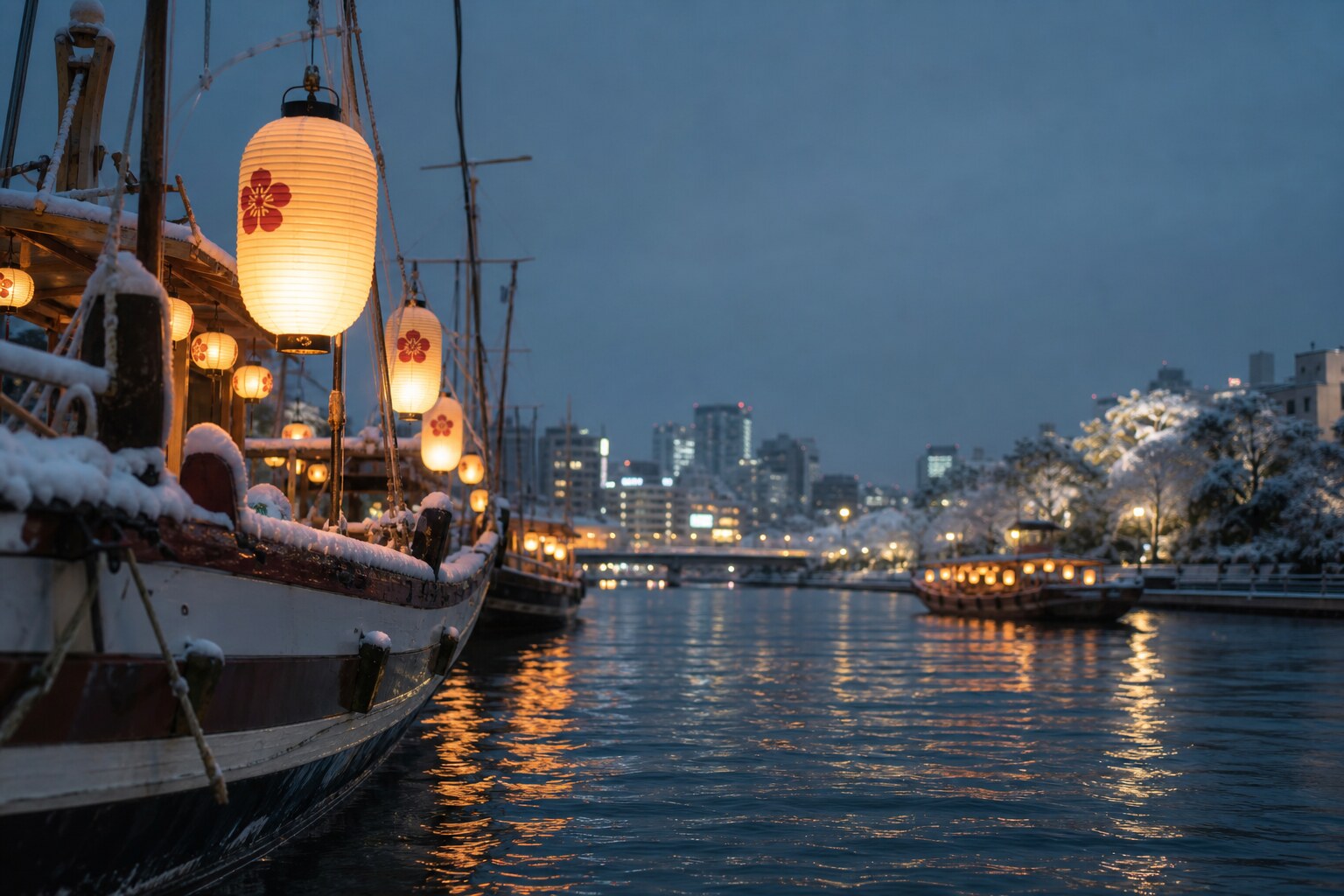 Lantern-lit boats on a river in Osaka during Tenjin Matsuri