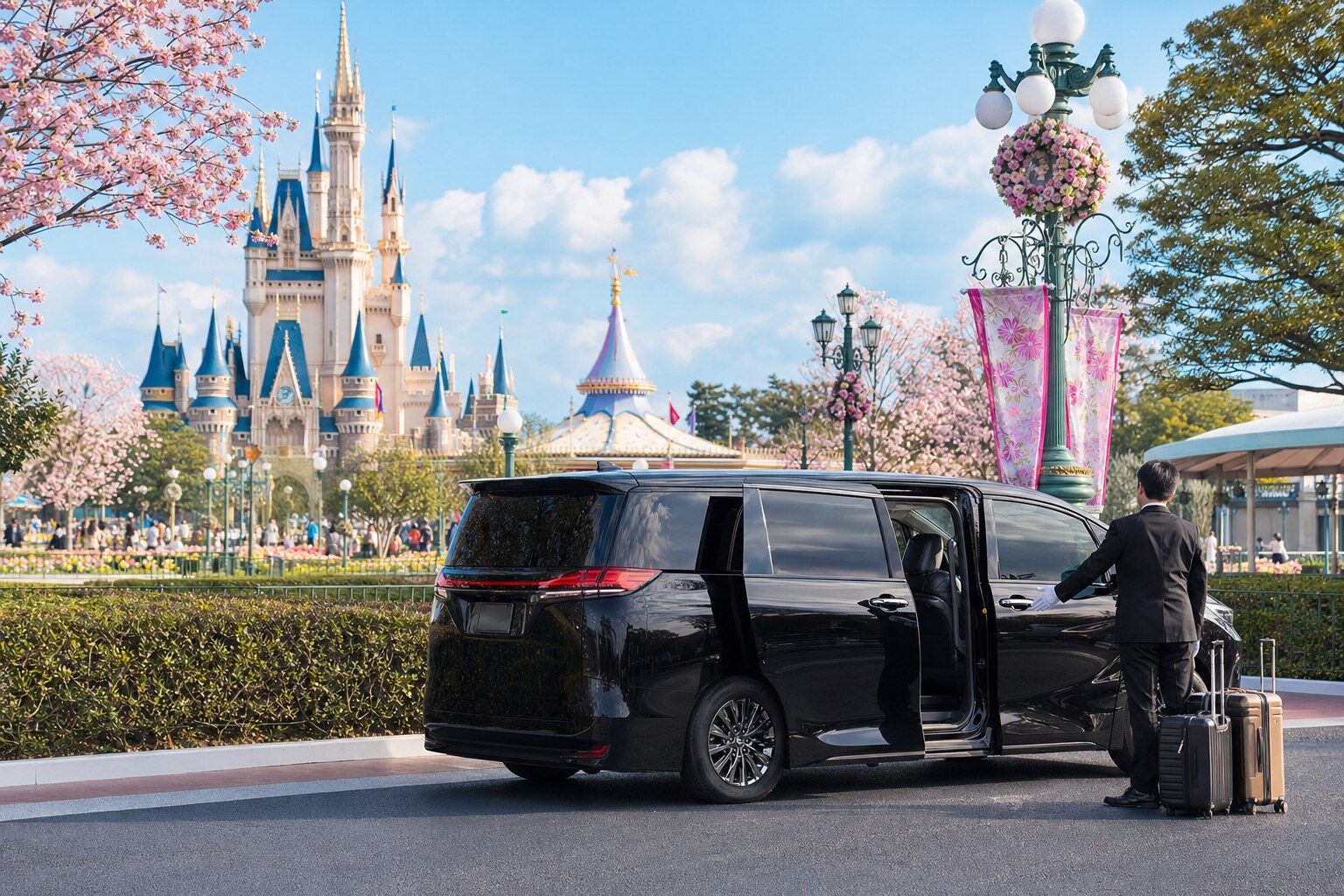 A chauffeured luxury minivan departure from a Tokyo hotel driveway with luggage prepared