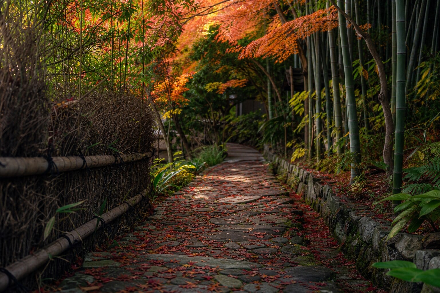 Weathered stone path covered in red maple leaves at a private temple