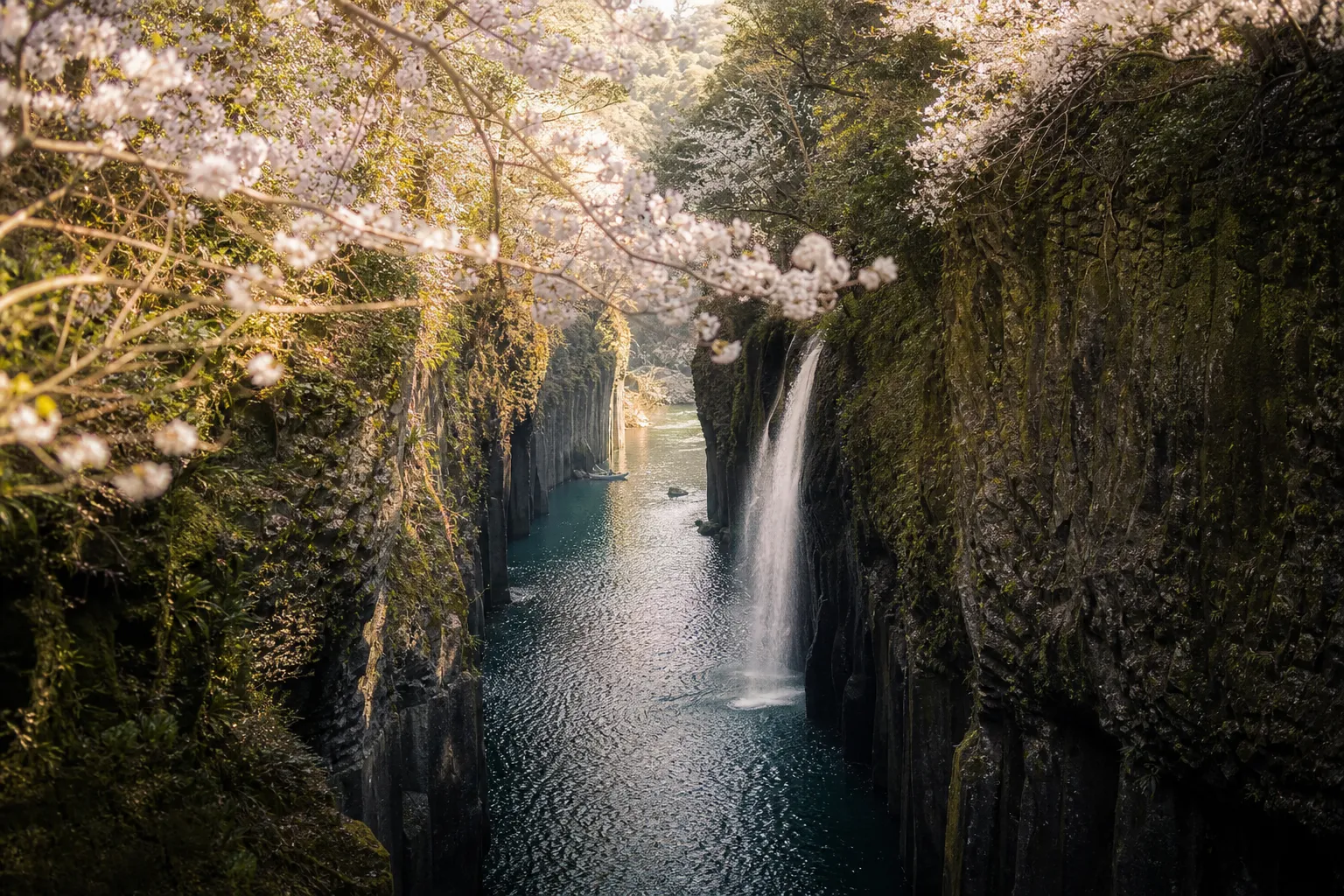 Takachiho Gorge basalt cliffs and river with Manai Falls in the background in early morning light