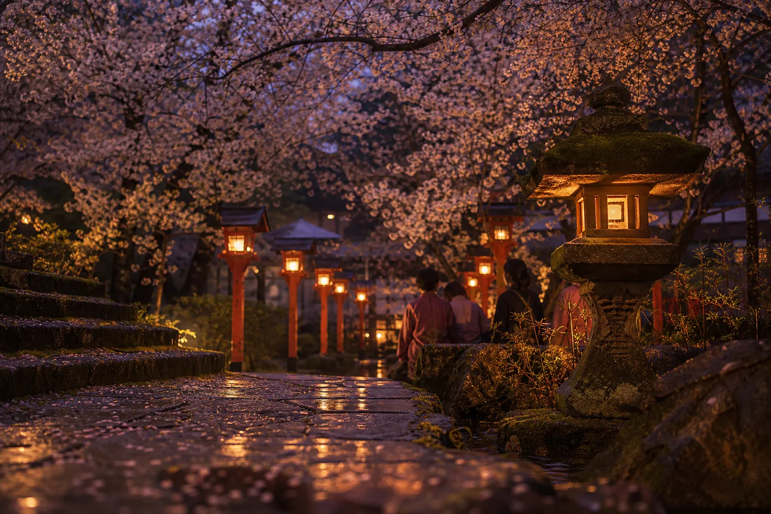 Visitors enjoying cherry blossom viewing under blooming trees in a Kyoto garden