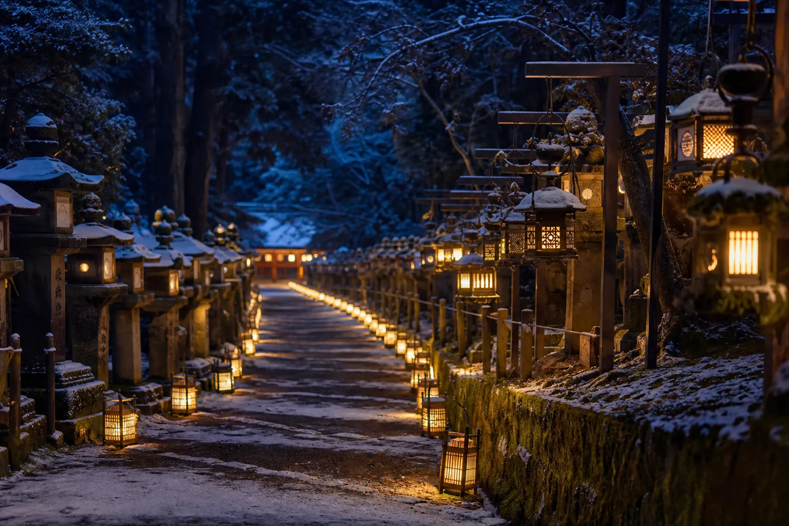 Thousands of glowing lanterns lit along the approach to Kasuga Taisha during Mantoro festival