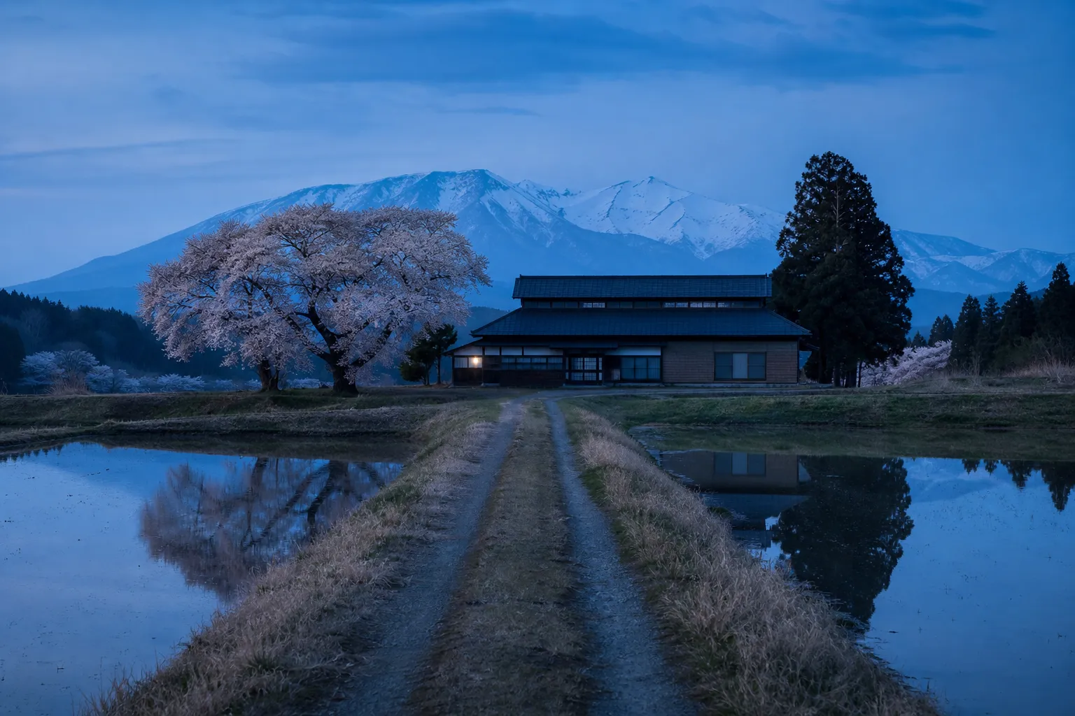 Quiet rural landscape in Tohoku Japan with open fields and distant mountains