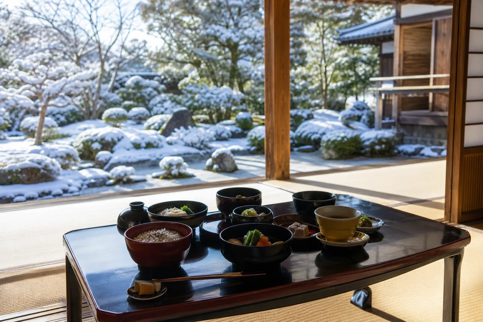 Shojin ryori vegetarian temple meal in lacquer bowls in a tatami room on Mount Koya