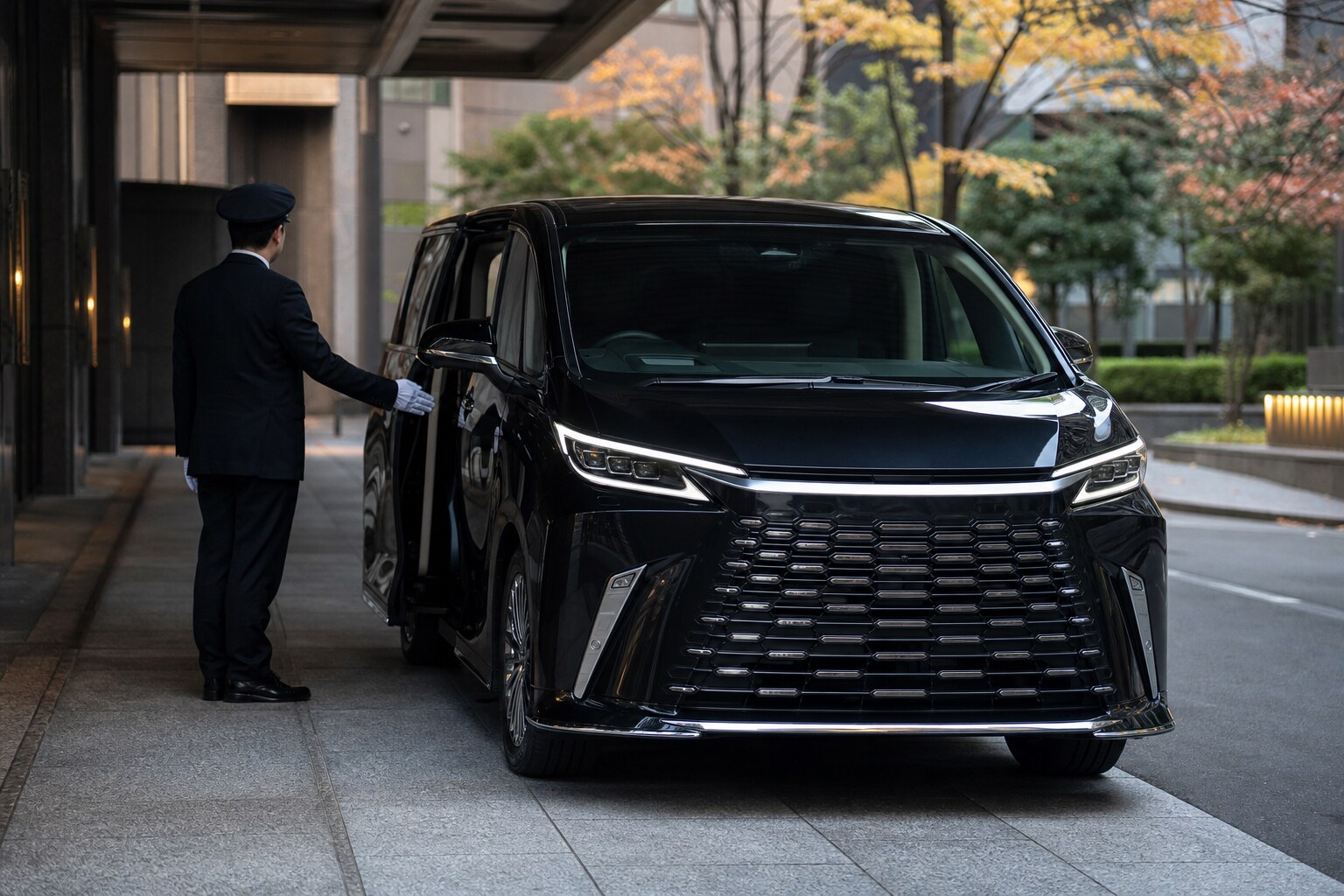 Lexus LM 500 with chauffeur opening the door for a private transfer in Tokyo