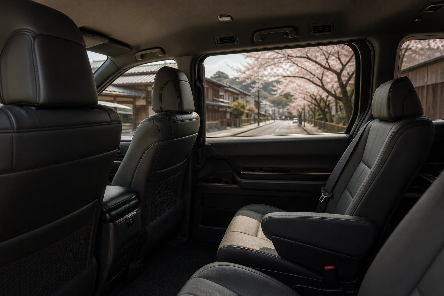 Quiet luxury minivan interior with plush seats and daylight visible through the window during a transfer