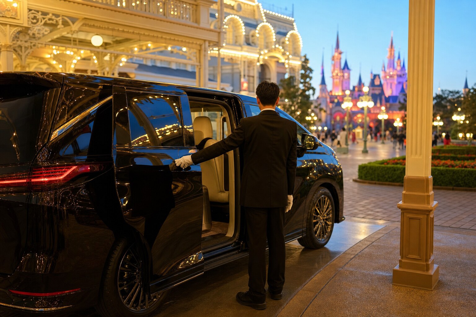 Premium black minivan with chauffeur opening the door for a private transfer in Tokyo