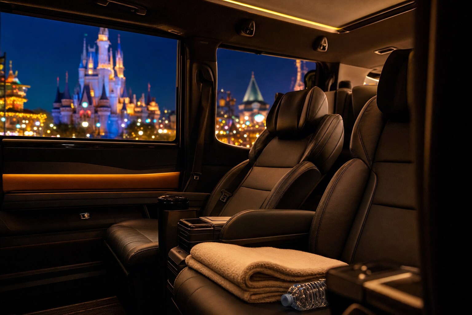 Executive vehicle interior prepared for private chauffeured transfer in Japan