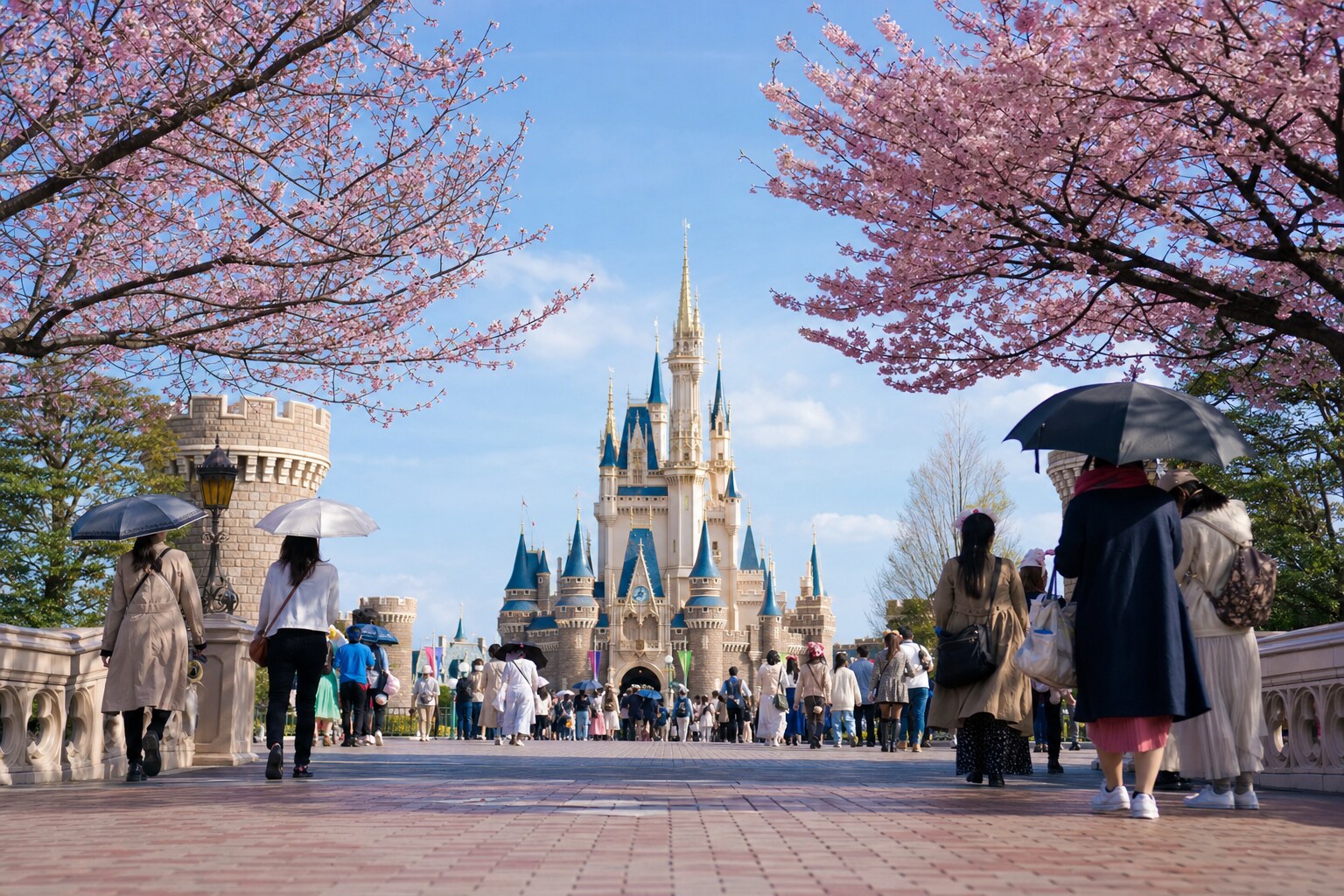 Shaded walkway at Tokyo Disney Resort with guests using sun umbrellas in summer