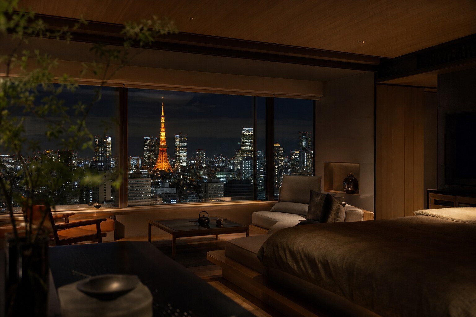 Luxury hotel suite interior at night with a distant view of an illuminated tower