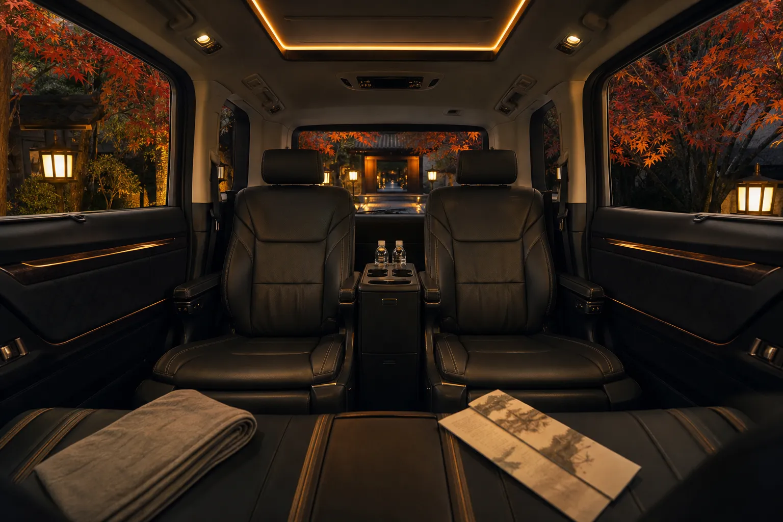 Luxury chauffeur vehicle interior with leather seats, ambient lighting, and bottled water prepared for guests