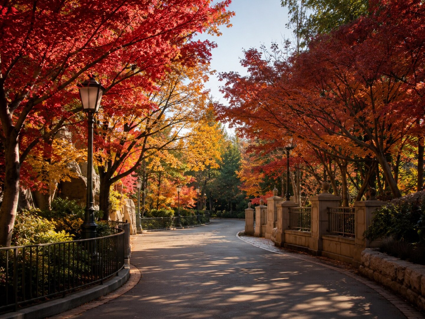 A quiet pathway lined with vibrant autumn leaves, representing the ideal crisp weather for visiting Tokyo.