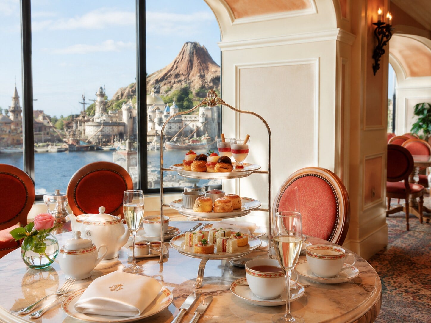 A table set for tea at the BellaVista Lounge with a scenic daytime view of the Mediterranean Harbor at Tokyo DisneySea through large windows.