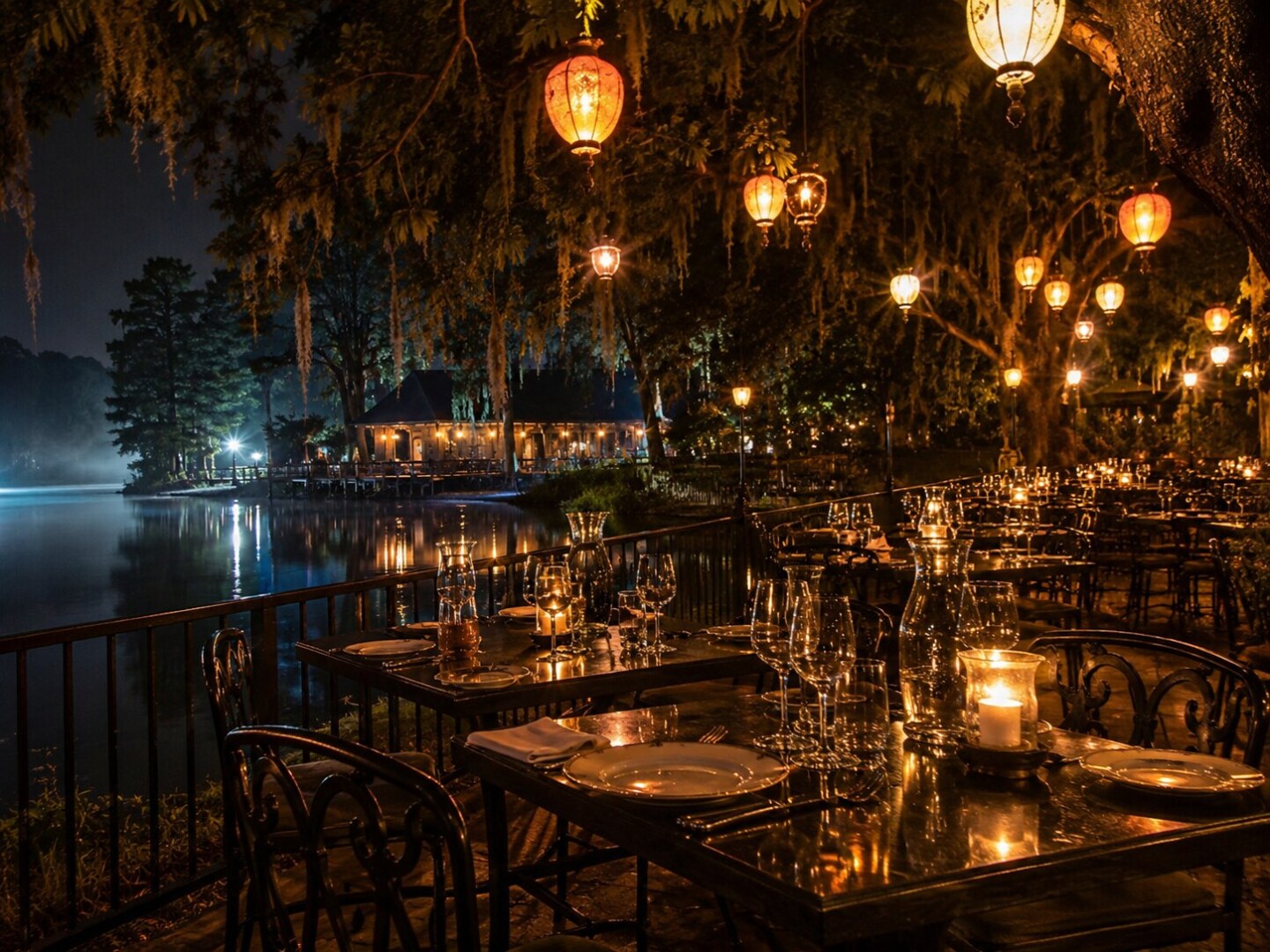 Lakeside outdoor restaurant at night with warm lanterns and candlelit tables along the water's edge.